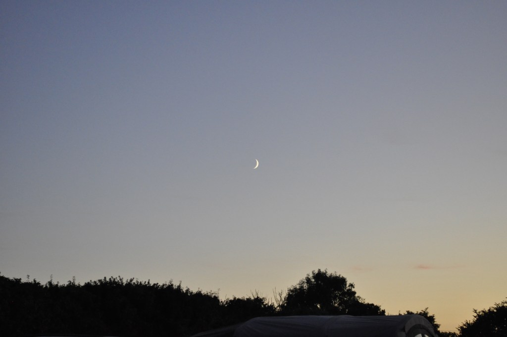 Moon in a dusk sky over a campsite
