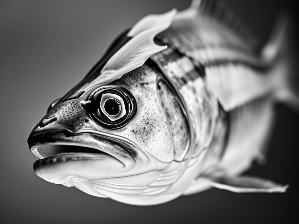 Close up of a kipper in black and white