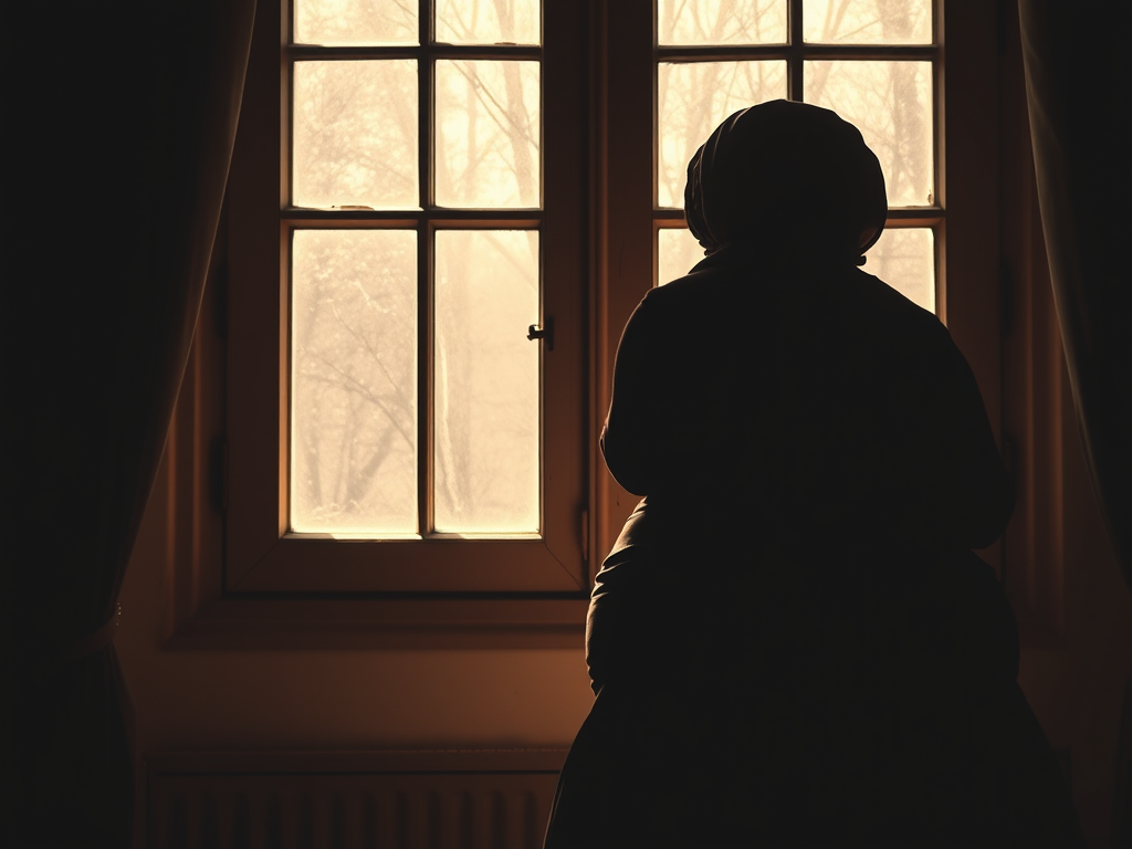 Silhouette of overweight woman in Victorian costume looking through a window