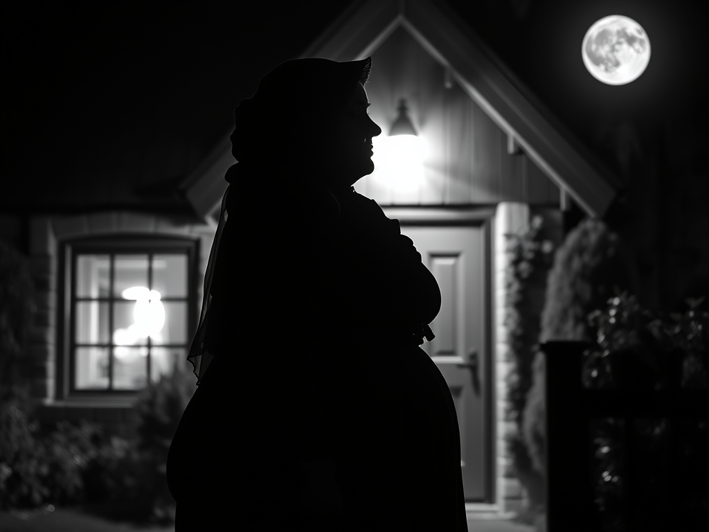 Black and white silhouette of woman in Victorian costume outside a cottage with full moon beyond