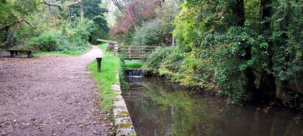 Canal path with autumn leaves and wooden bridge over