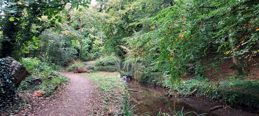 Canal side path with autumn colours leaves and trees