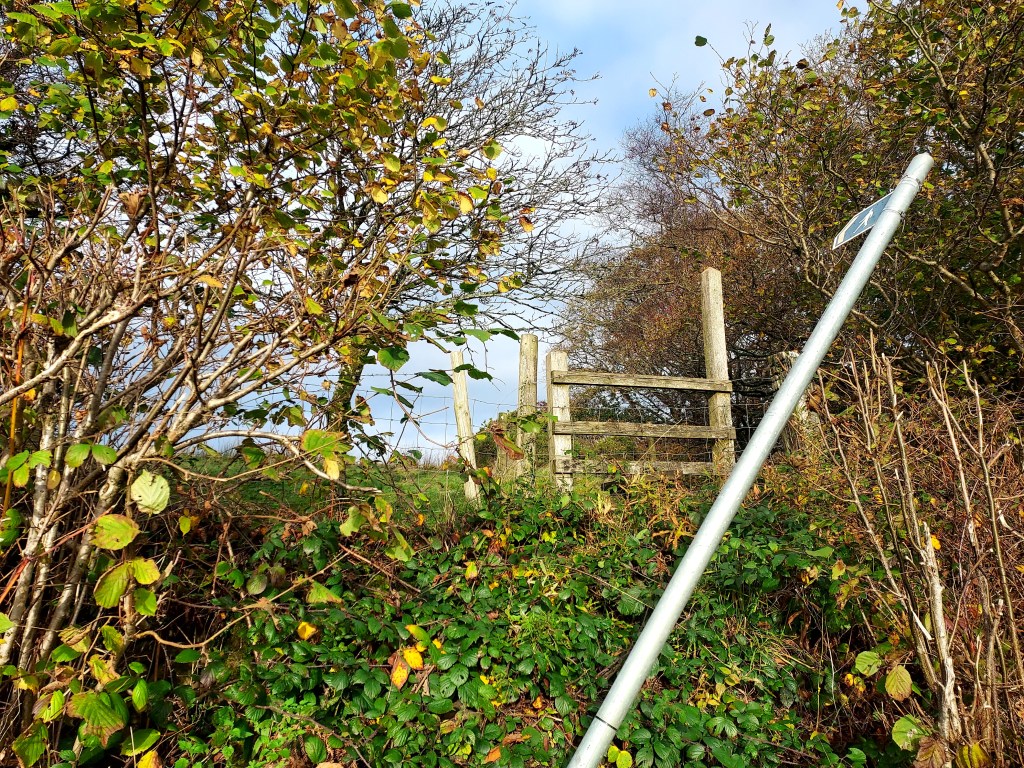 Bent footpath sign and overgrown stile in autumn landscape