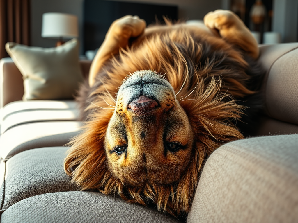 Lion lying back upside down on a sofa