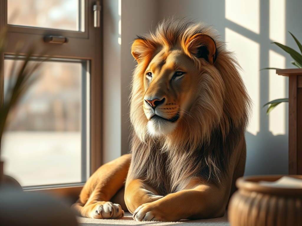 Lion curled in a corner in a sunny room