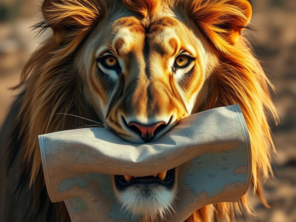 Lion with a map in its mouth