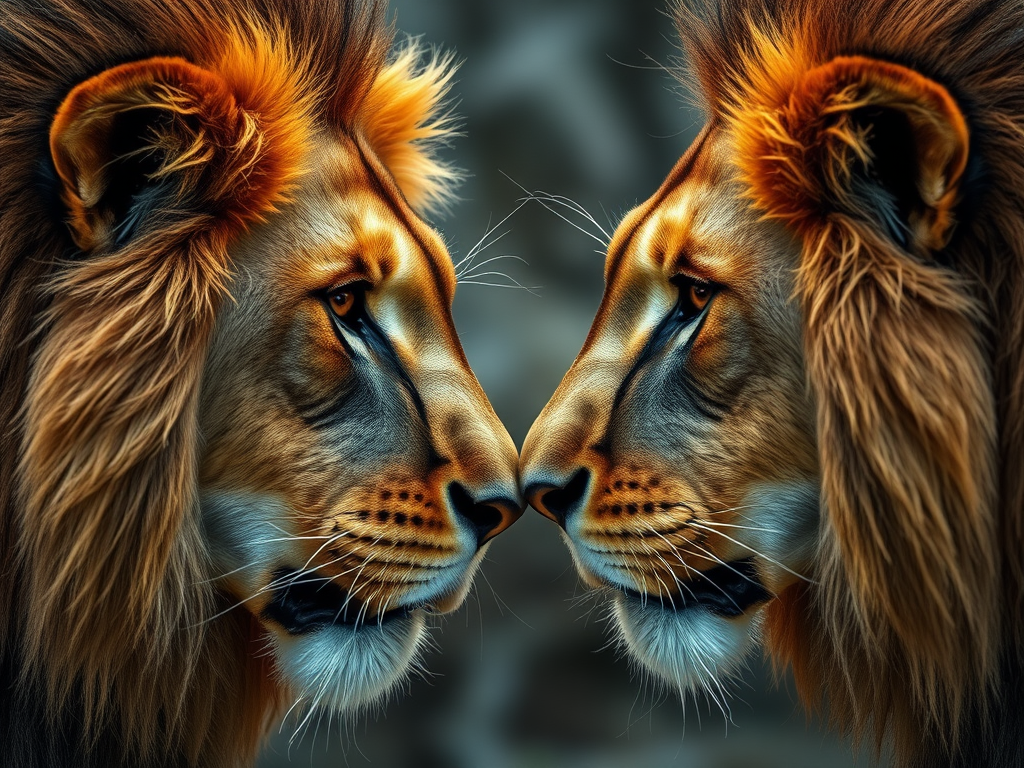 Two lions staring directly at each other