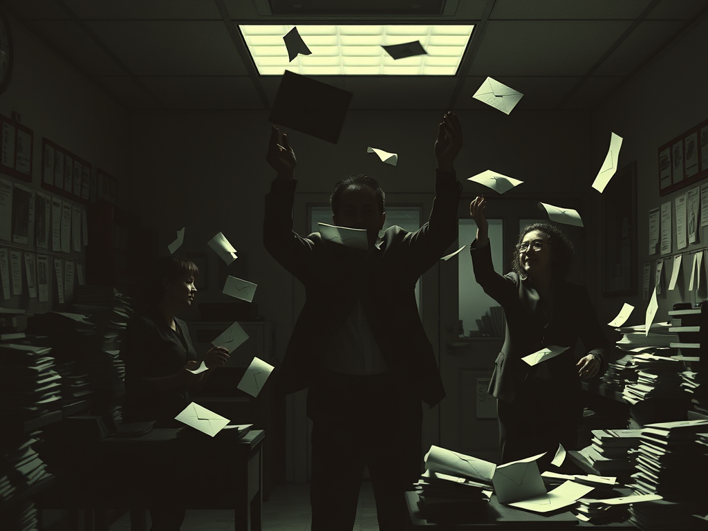 Dark sorting office with mail flying everywhere