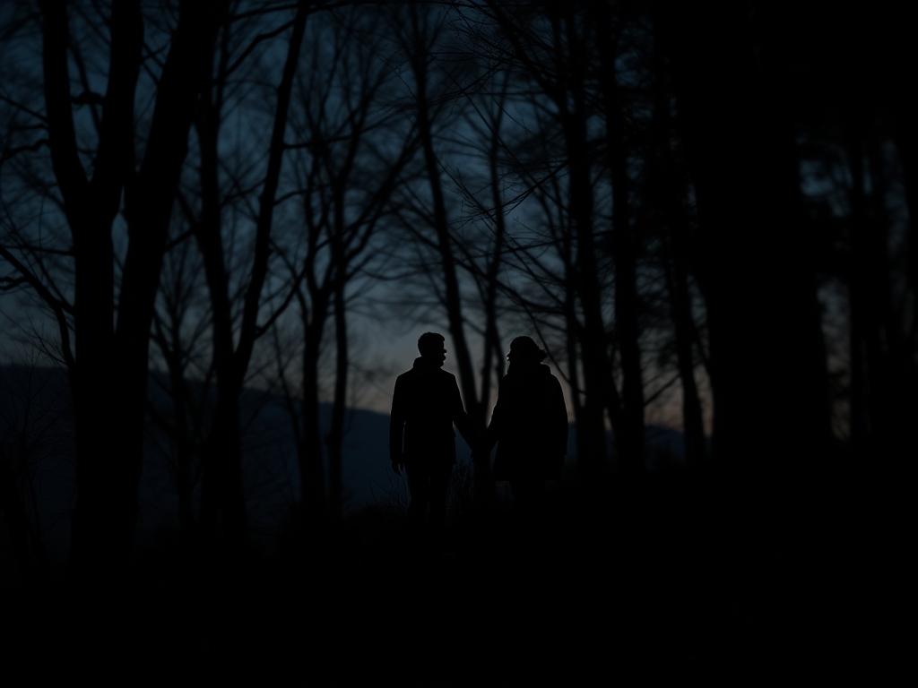Two silhouetted figures against dark woodland