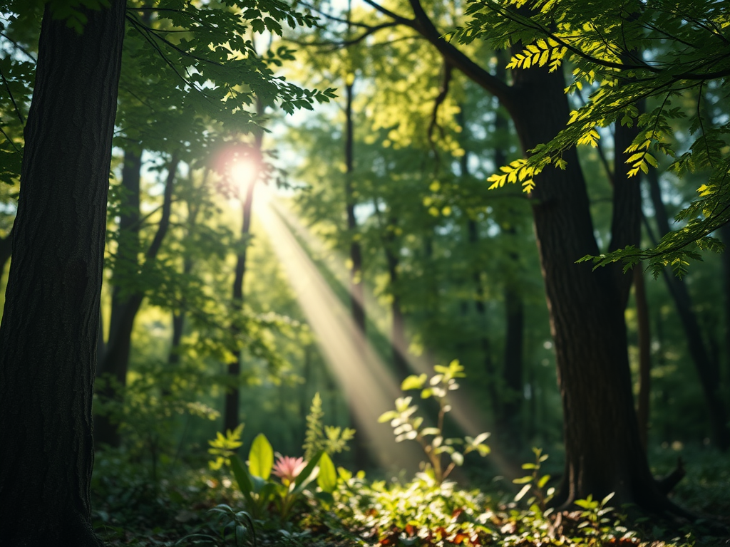 Shaft of bright sunlight coming through trees landing directly on spot on the ground