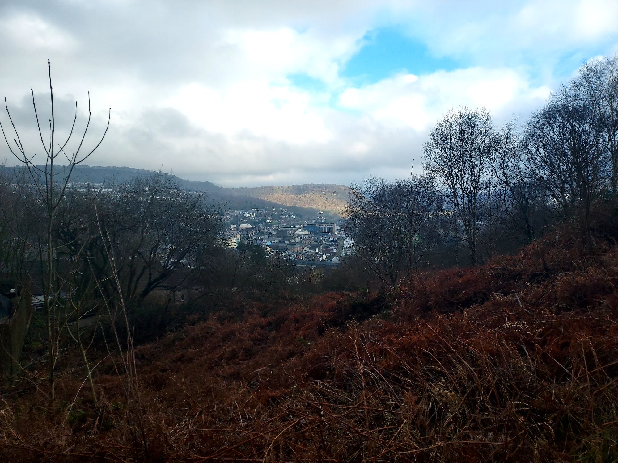 Bare winter hillside with patches of sunlight on the mountains beyond