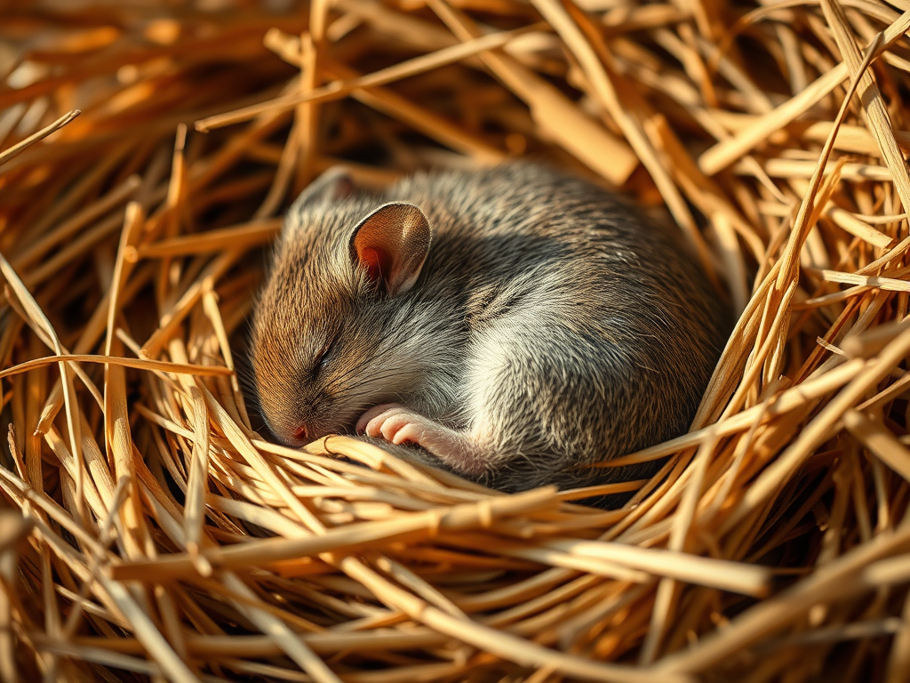 Curled mouse sleeping in straw nest