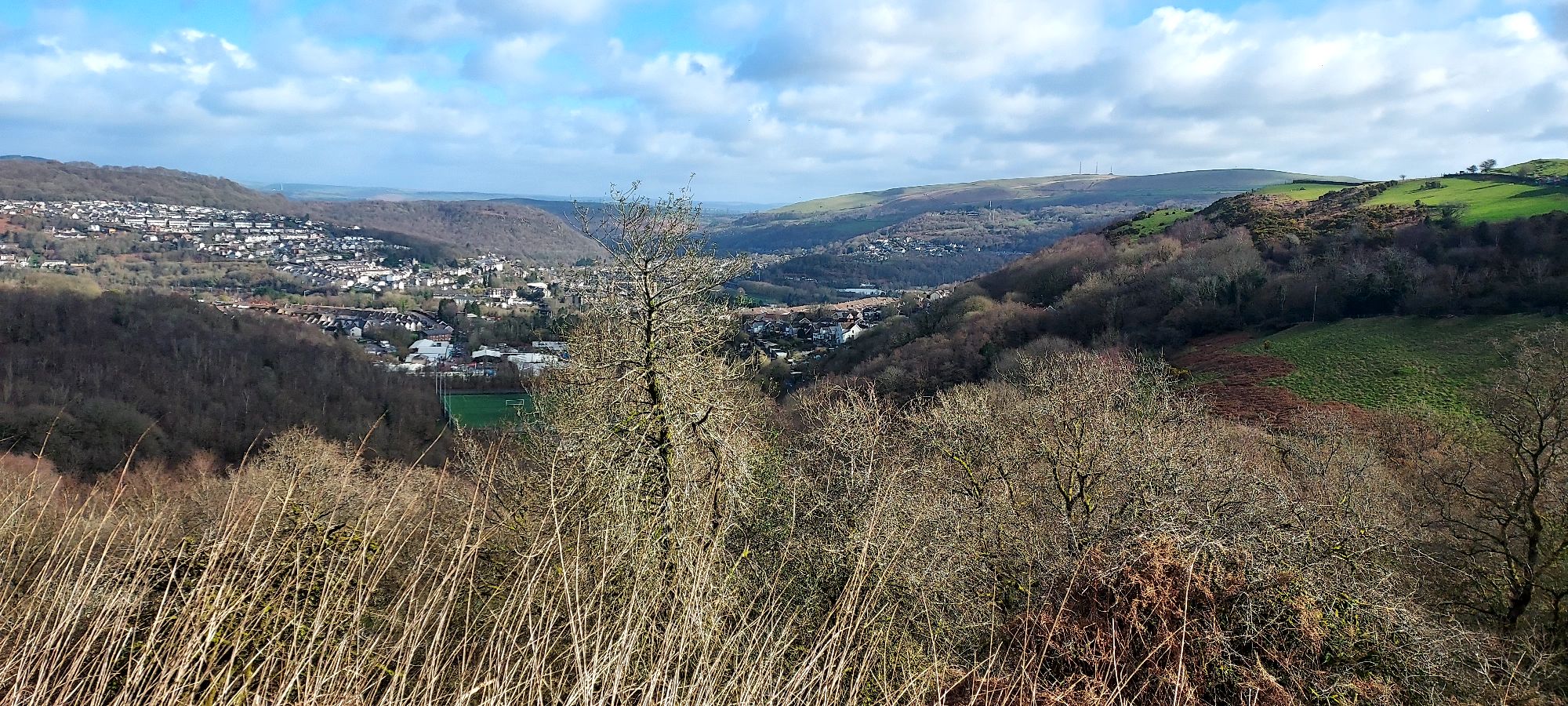 View from a hilltop in early spring over Pontypridd town